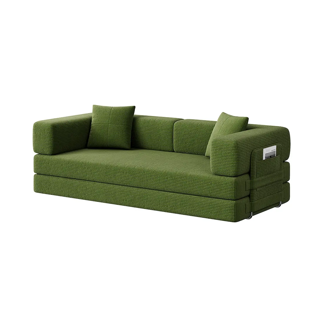 Vacuum Compressed Boneless Corduroy Modular Sofa Bed, Convertible Extendable 3-Seater Tofu Block Sectional Couch with Side Storage Pocket, Avocado Green Reconfigurable Floor Sofa for Small Apartment Living Room