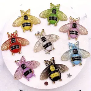8pcs Mixed Shiny Resin Colorful Bee Flat back Rhinestone Scrapbook 1 Hole Pendant Half Beads Wedding Applique DIY Accessories Crafts Jewelry Making Supplies