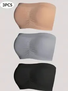 3pcs Set Seamless Elegant Plus Size Bras & Wireless Bras Bandeau Bra Without Padding Multicolor Casual Korean Minimalist Summer Bralettes - Womenswear, Fabric