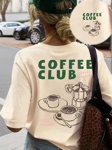 Relaxed Round Neck T-Shirt, Y2K Streetwear Fashion Casual Wear, Coffee Print Loose Short Sleeve, Summer Style, Daily Vacation Clothing, Fit