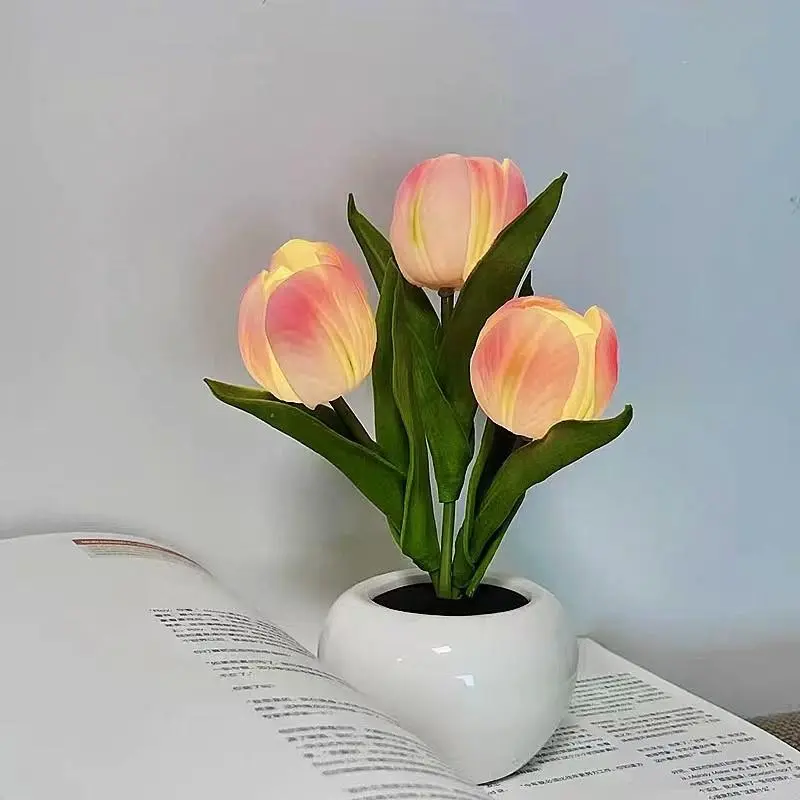LED Floral Tulip Artificial Flower Ceramic Vase Table Lamp - Decorative Atmosphere Light, Flower Design Lamp, Soft Lighting, Elegant Bonsai Style, Real-Touch Petals, Long-Life LED, Indoor Office/Home Decor, Gift Moms, Ambient Vibe Lights, Restaurant