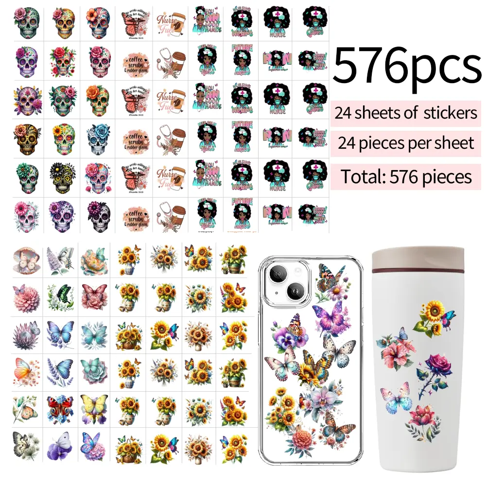 576PCS UV DTF Wrap Stickers Set, 24 Sheets with 24 Mini Stickers Each, Transfer Decals for Phone Cases, Cups, Notebooks, Laptops and DIY Decoration summerwins