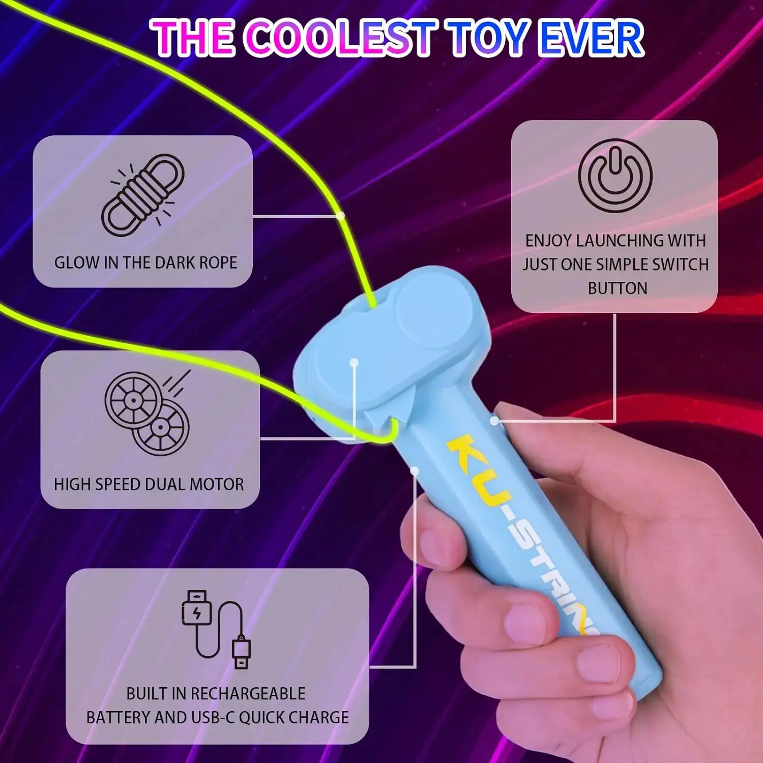 Rechargeable Rope Launcher Toy, Handheld Flying Loop Lasso String Shooter, Glow String Fidget Decompression Toy, Novelty Interactive Pet Play & Kids Educational Birthday Present