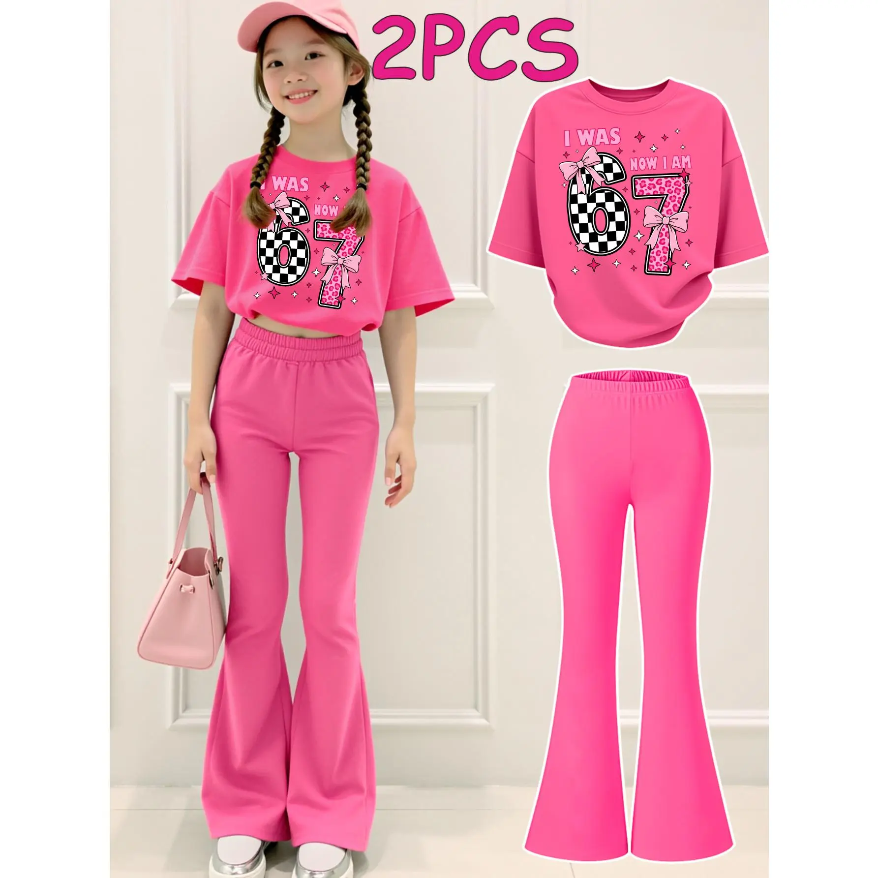 2PCS  Tween Girls Clothes T-Shirt Set  I Was Now I Am Happy 67 Print Girl Clothes Short-Sleeved Round Neck T-Shirt Bell Bottom Pants Set Perfect For Outdoor  Kids Clothes