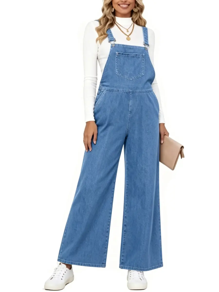 Women's Basic Denim Wide Leg Overalls, Jean Dungarees in a Loose Wide-Leg Fit with Adjustable Bib and Functional Chest Pocket, Tee, Fitted, Chic, Everyday, Minimalist, Sleeveless, Casual