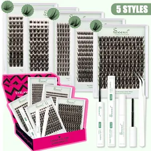 DIY Mixed Style Lash Clusters Kit, Fairy Cluster Eyelash Extensions Set, Mixed Length, Mixed Curls, Long Lasting Individual Lashes Kit, DIY Cluster Lashes Extension Soft Comfortable Eyelash Clusters with Thin Band, Includes Bond&Seal, Remove and Tweezers