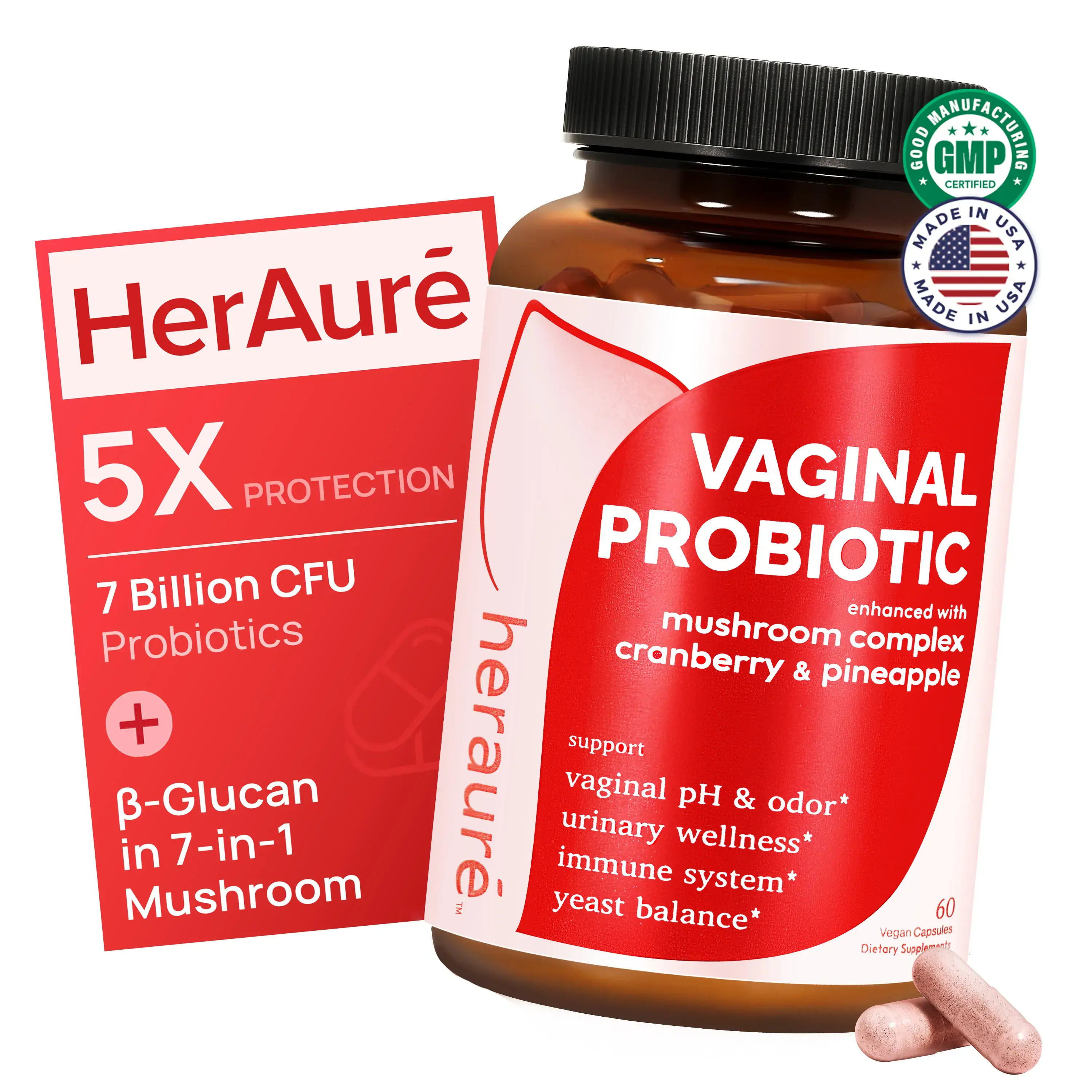 HerAuré Womens Probiotics - pH Balance, Odor Control, Flora Health, Moistening, Tightening - With 7 Billion CFU Probiotic, Prebiotic, 7-in-1 Mushroom Blend, Cranberry, Pineapple - 60 Capsules (Pack of 1), Self-Care Gift,Black Friday
