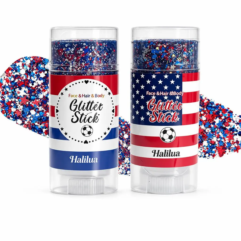 Halilua 2 Pack 4th of July Glitter Stick | Red White Blue Patriotic Face Hair Body Glitter | Waterproof Self-Adhesive Long-Lasting Sparkle for Independence Day Festival Sports Party Gift