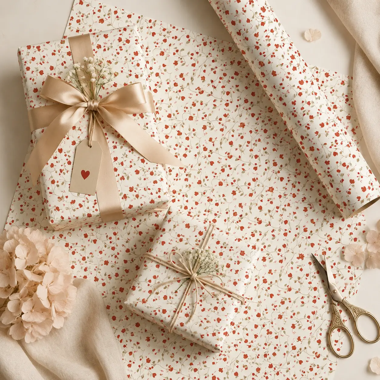 Cute Red Heart Vine Gift Wrapping Paper Sheet - Minimalist Valentine Love Botanical Wrap for Anniversary Birthday Decor