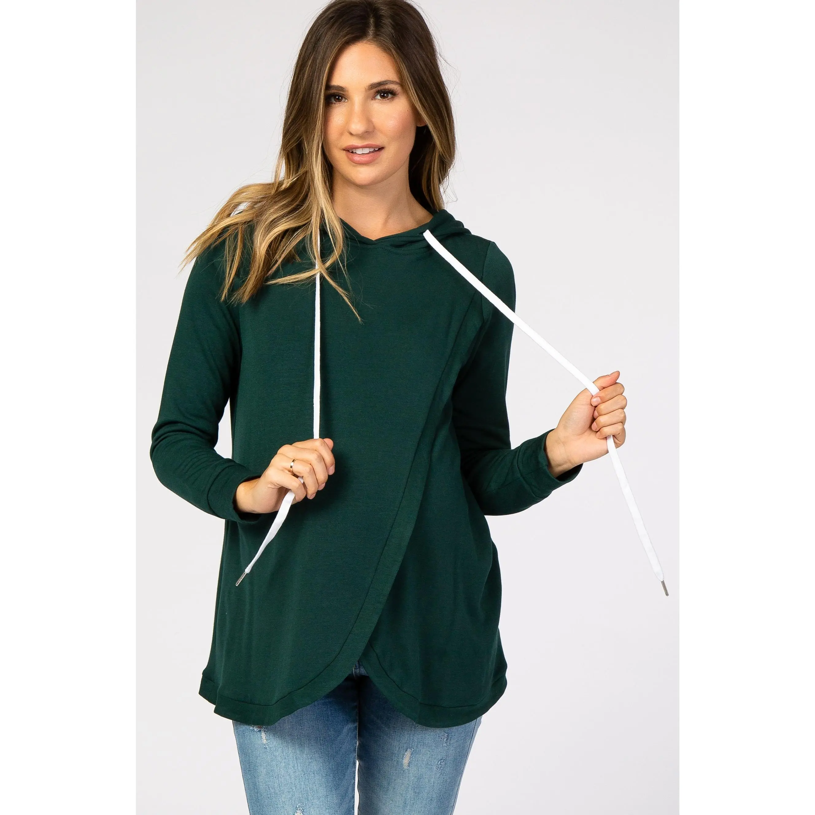Forest Green Maternity Top, Soft Knitted Fleece-Lined Pullover Nursing Hoodie with Layered Front for Easy Access, Soft Nursing Clothes, Nursing Friendly Clothes