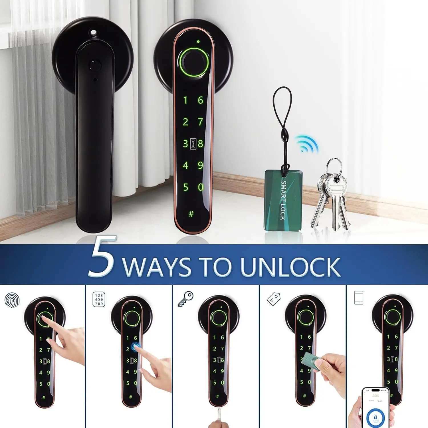 Smart Digital Door Lock with Fingerprint, Keypad, IC Card, Bluetooth App & Keys – 5-in-1 Keyless Entry