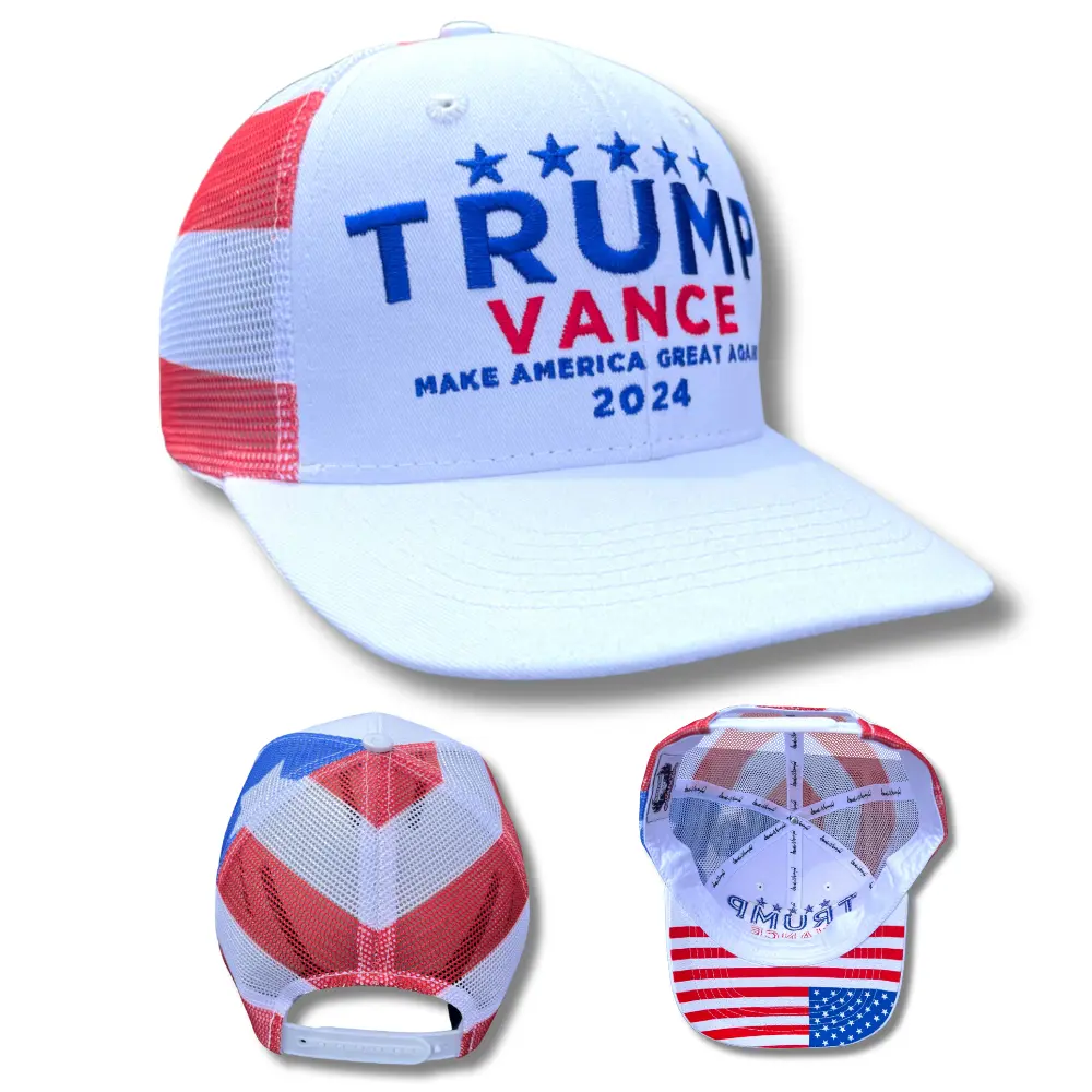 Donald Trump J.D. Vance Make America Great Again American Flag Trucker Hat, Patriotic Trump Vance Hat for MAGA Supporters with American Flag Print