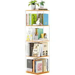 Rotating Bookshelf, 360 Degree Revolving Bookcase, 4-Tier Spinning Bookshelf, Clear Acrylic & Solid Wood Rotating Bookcase for Kid’s Playroom, Bedroom and Living Room, Square