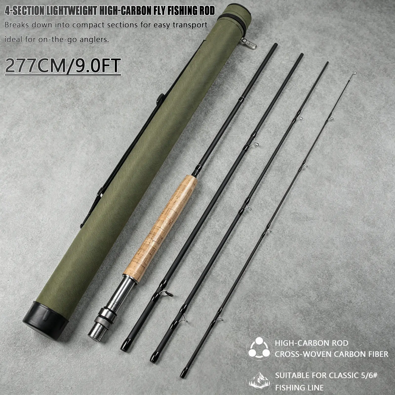 5/6WT Carbon Fiber Fly Fishing Rod Kit, 4-Piece Fly Rod with Extra Tip & Carry Case, EVA Handle for Stream Lake Freshwater Fishing