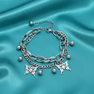 Butterfly Chain Layered Bracelet - Stainless Steel Elegant Jewelry Whimsical Jewelry