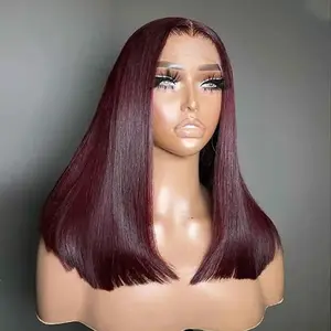 200% Density 99J Burgundy Short Bob Wig Human Hair 13X4 Lace Frontal Wigs For Women Lace Front Bob Wig Pre-Plucked Human Hair Wigs Short Brazilian Human Hair Wigs Transparent Lace Human Hair Wig