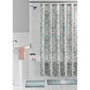 15-Piece Navy Stripe Shower Curtain Bathroom Set with Hooks & Two Bath Rugs Machine-Washable Fabric for Calming Ambiance 17x24 & 18x28 Rugs