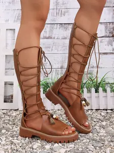 Gothic Street Style Roman Sandals with Lace-Up Design, Flatform Heel & PU Upper Material, Perfect for Concerts & Unique