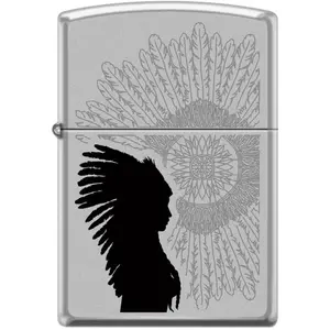 Zippo Lighter Indian Woman Sunburst Satin Chrome American Indian Imprint Collage Creme Matte Finish USA Made with Lifetime Guarantee