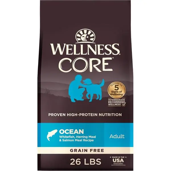 Wellness CORE Adult Dry Dog Food, Grain Free Kibble, Natural, High Protein, Chicken Free, Whitefish, Herring and Salmon Recipe, 26 lb Bag