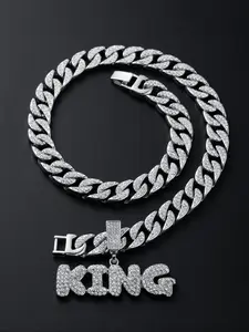 Hip Hop King Letter Zircon Pendant Necklace, Alloy Chain Street Style Jewelry, Unisex Casual Fashion Accessory for All Occasions