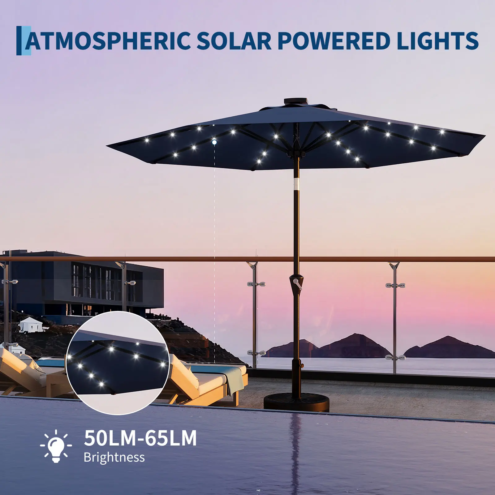 9FT Patio Umbrella with Solar LED Lights - Outdoor Market Parasol, 8 Sturdy Ribs, 30° Dual Tilting, Easy Crank Handle - Outdoor Shade Solution, Deck Shade Solution for Garden, Balcony