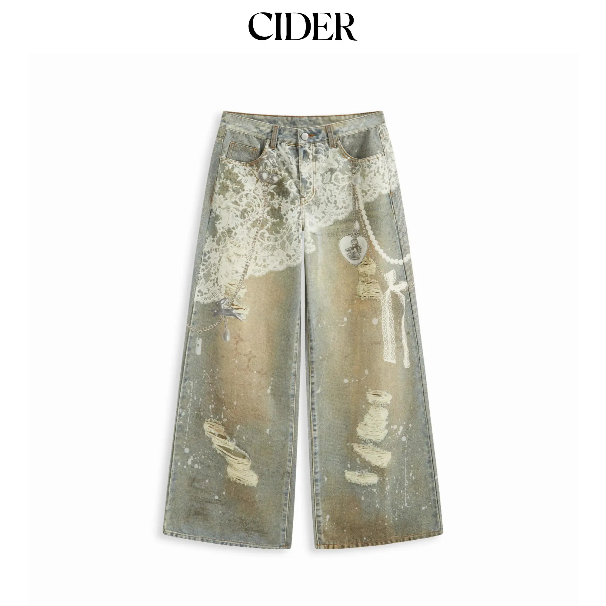 Cider [size 0-26] Denim Low Rise Lace Graphic Wide Leg Jeans