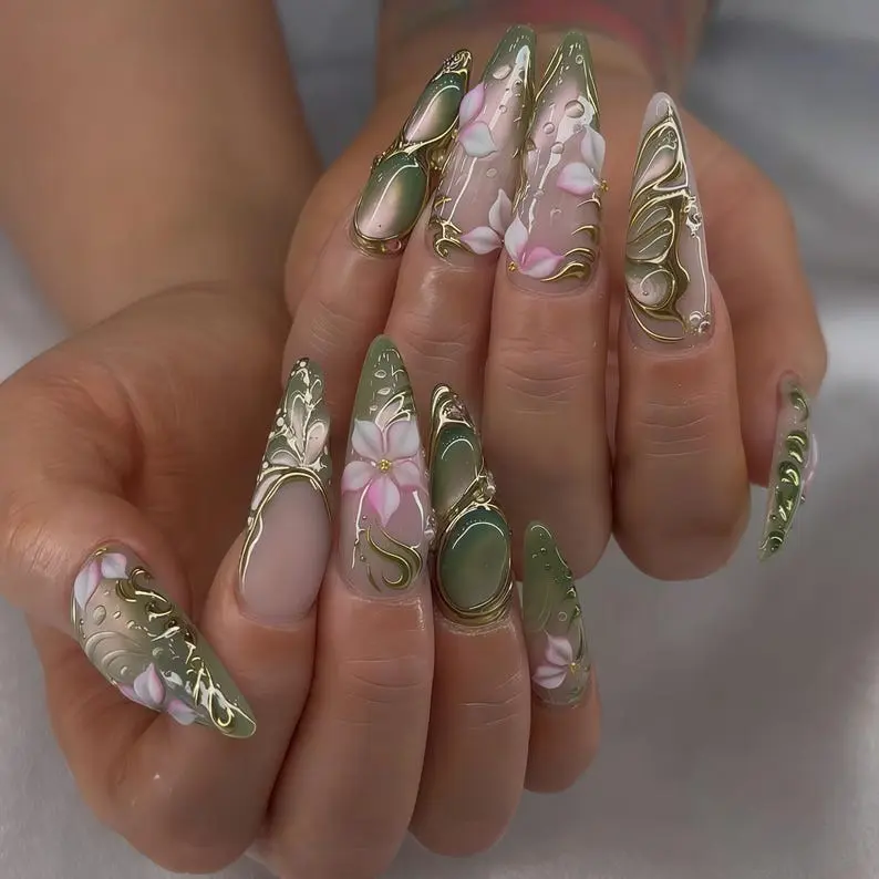 Handmade Spring Press-On Nails | Green Swirl, Flower & 3D Floral Nail Art