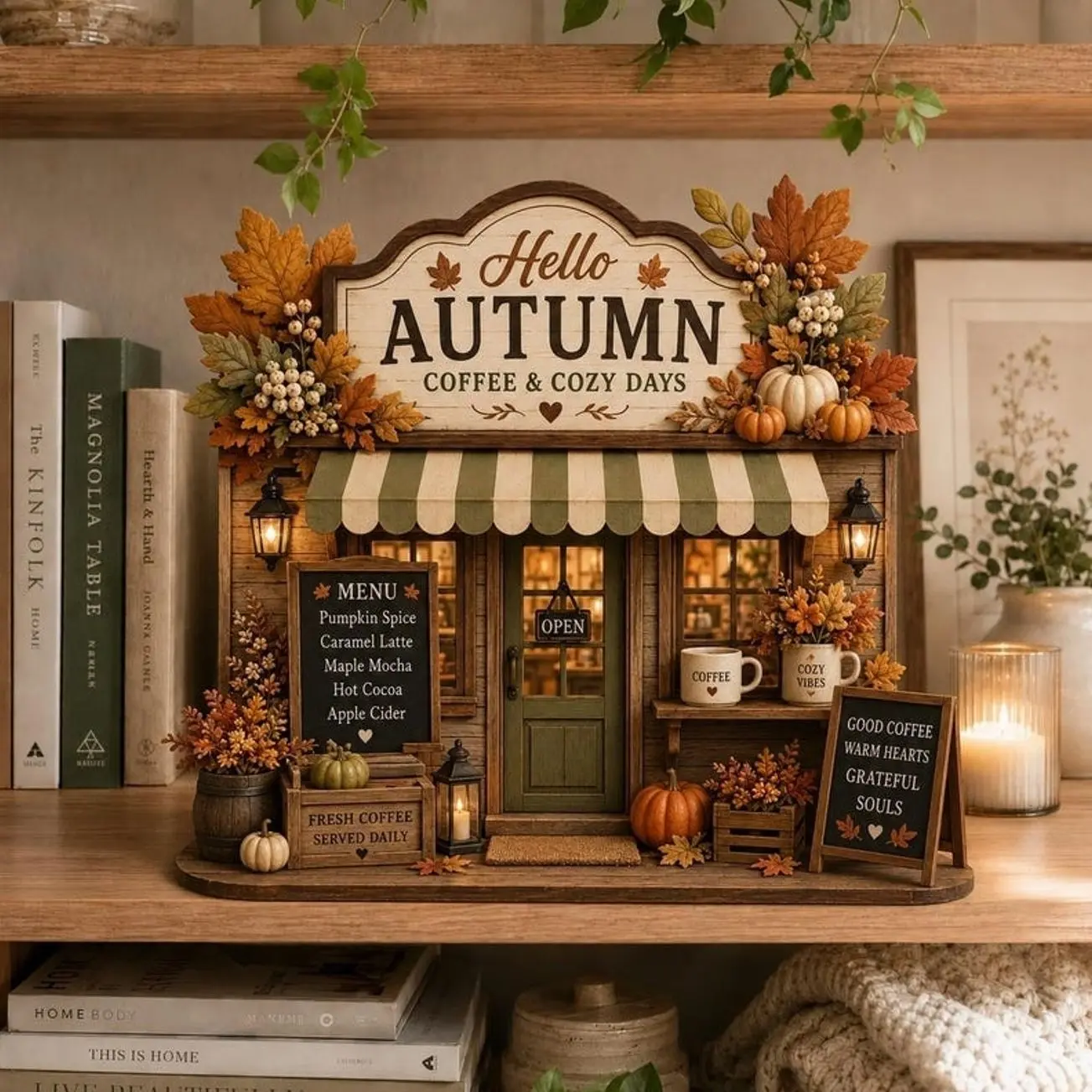 Autumn Coffee Shop Shelf Sitter, Fall Farmhouse Coffee Bar Decor, Rustic Pumpkin Wooden Storefront Sign, Cozy Autumn Tiered Tray Decor