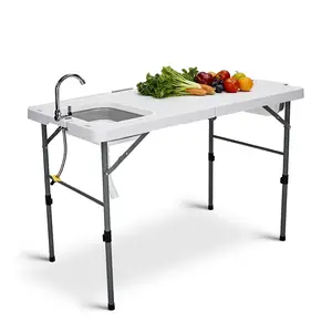 summervibes 50" Folding Fish Cleaning Table with Sink, Bi-Folding Portable Camping Sink Station with Drain Hose, Trash Can, Foldable Outdoor Sink for Camping, Fishing, BBQ