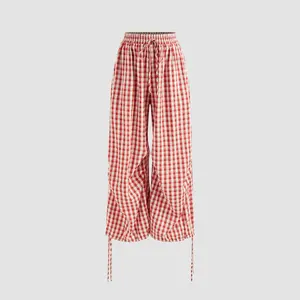 Cider [size 0-26] Mid Rise Gingham Knotted Drawstring Pocket Wide Leg Trousers