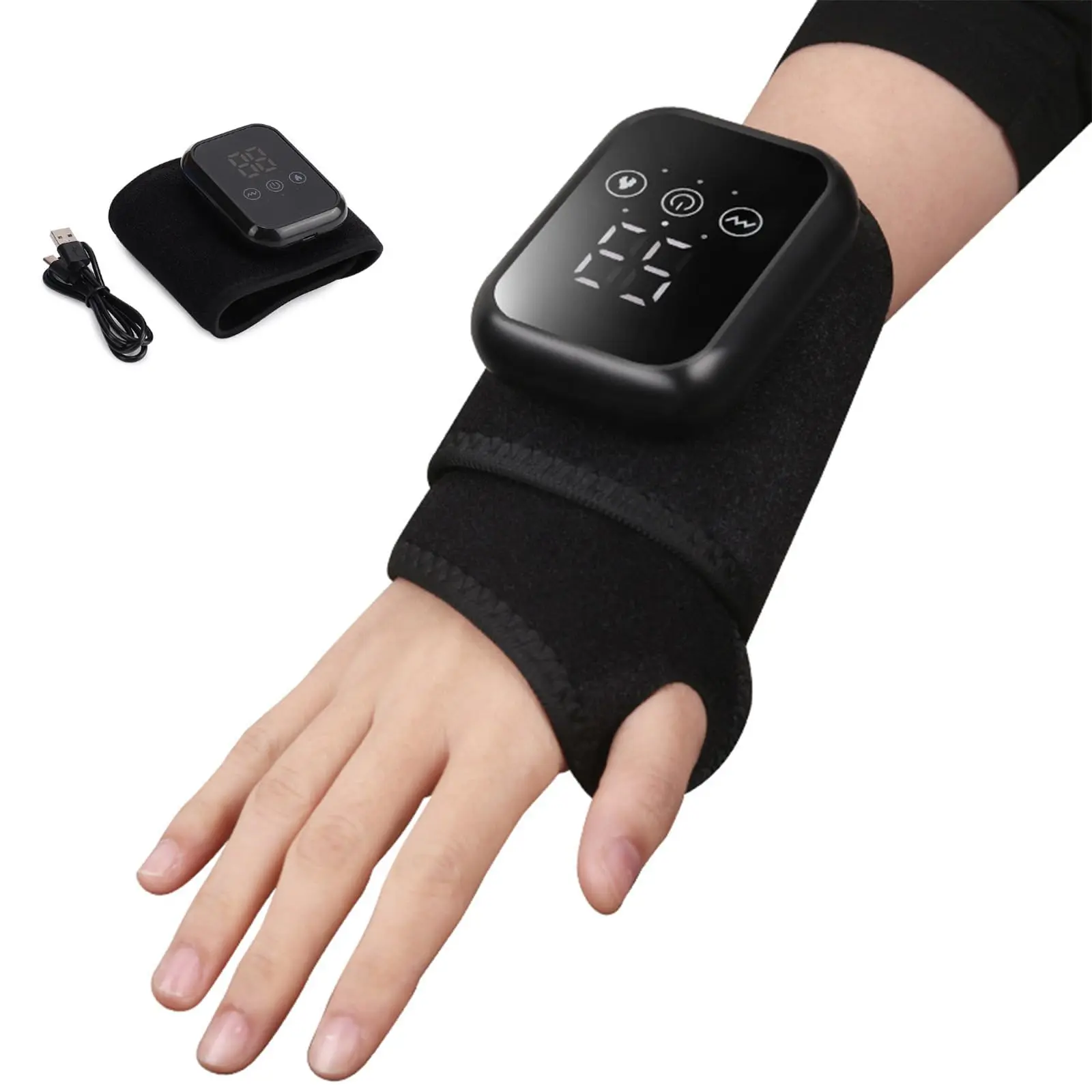 Adjustable Black Wrist Brace with Smart Heating and Vibration, Healthcare Massage Device for Carpal Tunnel Relief with Touch Control, 2000mAh Battery, Massage Devices