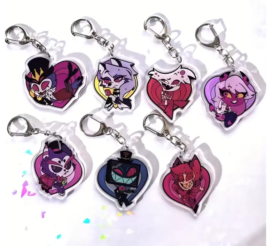 23 Designs - Anime Hazbin Hotel Figures Q Edition Acrylic Keychain, angle dust, vox, husk, vaggi, lucifer cute hazbin hotel charm for bag, key, gift
