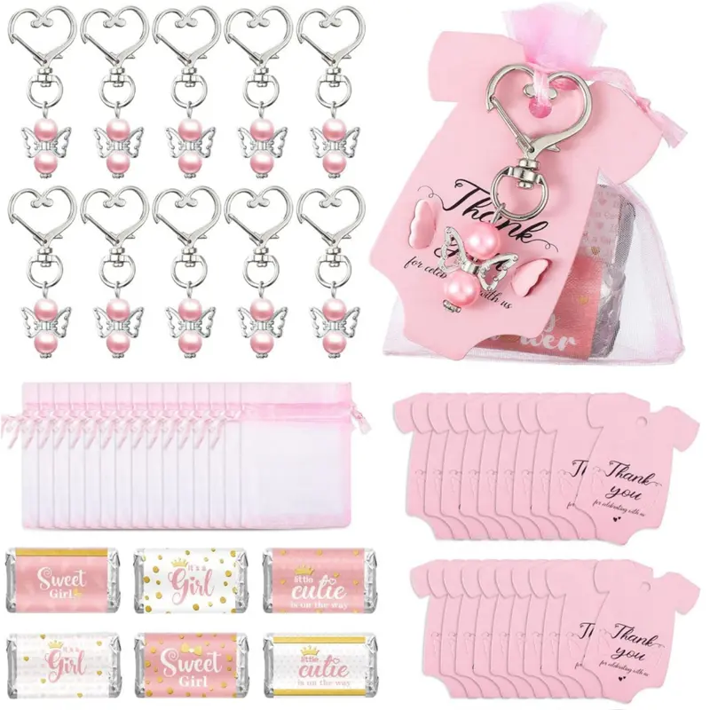 50 Sets Girl Party Favors Angel Keychains Label Sticker Cards Organza Bags for Baptism Party(Pink) - Home Improvement.
