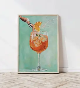 Vibrant Aperol Spritz Retro Art Print: Bar Decor Cocktail Poster with Jumping Girl (Frame Not Included)