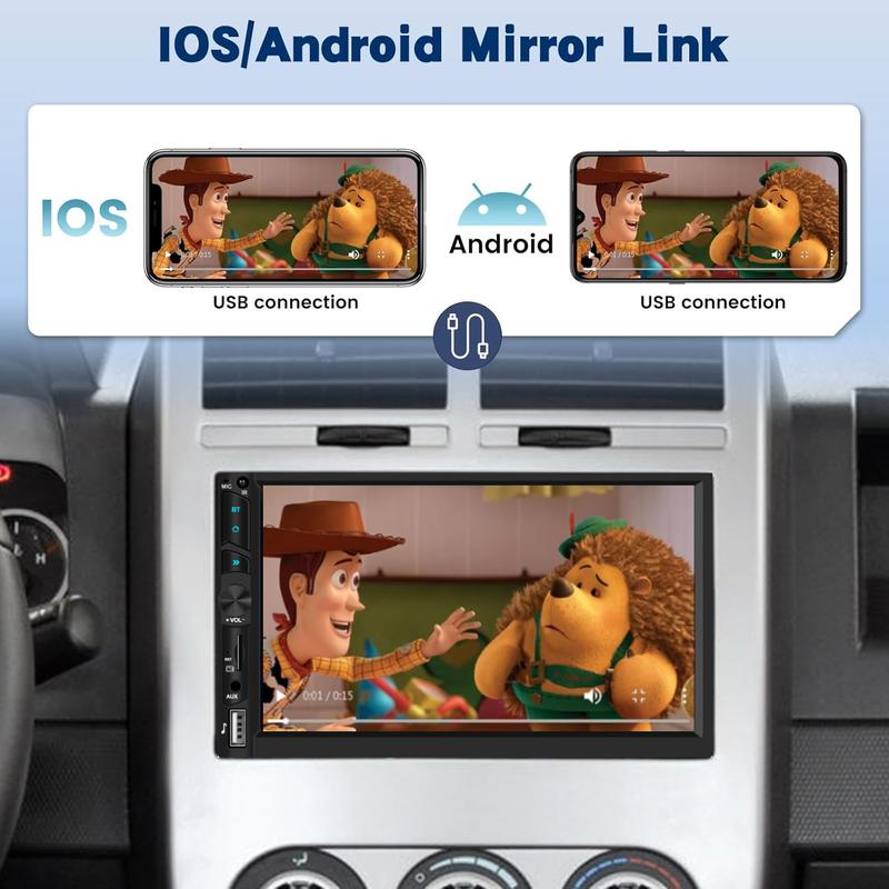 Double Din Wireless Carplay Android Auto Car Stereo, 7” IPS Touch Screen Car Audio Receiver with YouTube Video Playback, WiFi GPS FM Bluetooth Hands-Free, Mirror Link, Backup Camera, EQ, USB/AUX/SWC, MIC, Father's Day Gift