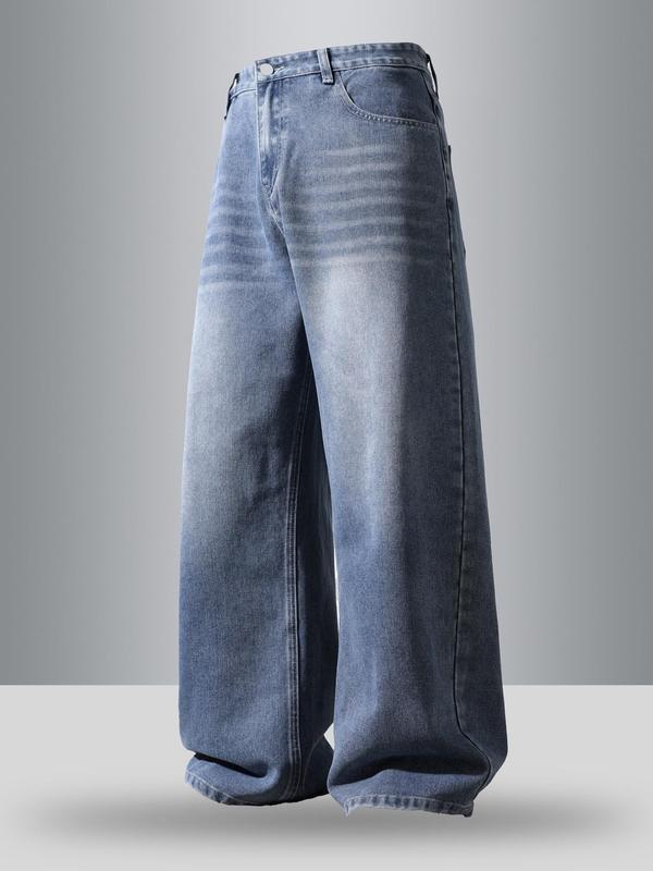 Men's vintage washed loose straight-leg jeans, casual four-season street style, zipper fly, solid color pattern, daily wear denim pants. If you prefer a looser fit, order one size larger.