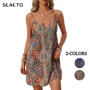 Scacto Bohemian Printed V Neck Spaghetti Strap Backless A-Line Dress 100% Polyester Perfect for Music Festivals Available in S M L XL 2XL 3XL