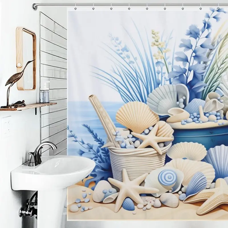 Blue Beach Shower Curtain for Bathroom, Waterproof Polyester Bath Shower Curtain, Heavy Duty 72x72 inch with 12 Plastic Hooks, Hotel Quality, Bathroom Accessory, Restroom Bathroom Accessories