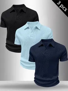 Men's 3-Pack Solid Color Plain Diamond Pattern Knit Fitted Polo Shirts, Casual Textured Collared Tees, Breathable Summer Tops Menswear #3PackPoloShirts #SolidColorPolo #DiamondPatternKnit #CasualMensTop #TikTokMadeMeBuyIt