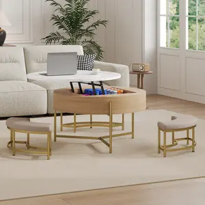 Modern Round Lift-Top Coffee Table with Storage & 3 Ottoman White & Natural