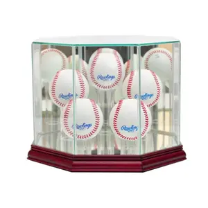 212 MAIN Real Wood Octagonal Baseball Display Case - Cherry, Sports Collectible Accessory with Mirror Base for Autographs, Multiple Balls & Memorabilia Display