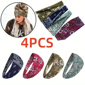 Women's 4pcs Anti-Slip Wide Edge Bohemian Sports Headbands - Foldable Flower Print Soft All-Season Headbands for Yoga, Running