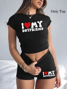 Women's Casual Slim-Fitting Round Neck Home Shirt, I Love My Boyfriend Graphic Short Top, Fashionable Leisure Wear, 1 Piece