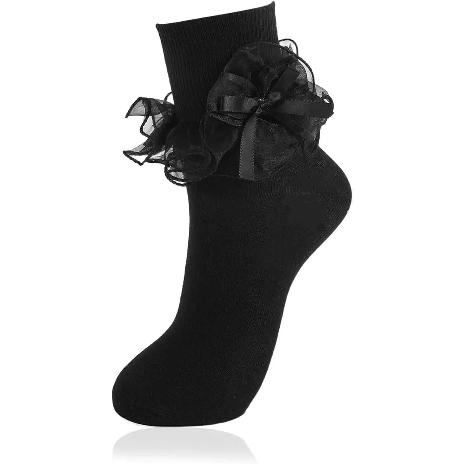 1 Pair Women Big Ruffle Ankle Bow Socks Adult Double Lace Frilly Dress Socks Cute Crew 80s Fancy Bobby Bride Sock