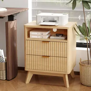 Fluted Wood Bedside Table Set of 2 with USB Charging Station & Outlets – 2 Drawers, Open Shelf, Sturdy Wood Feet – Modern Bedside Table for Bedroom, Living Room, Apartment