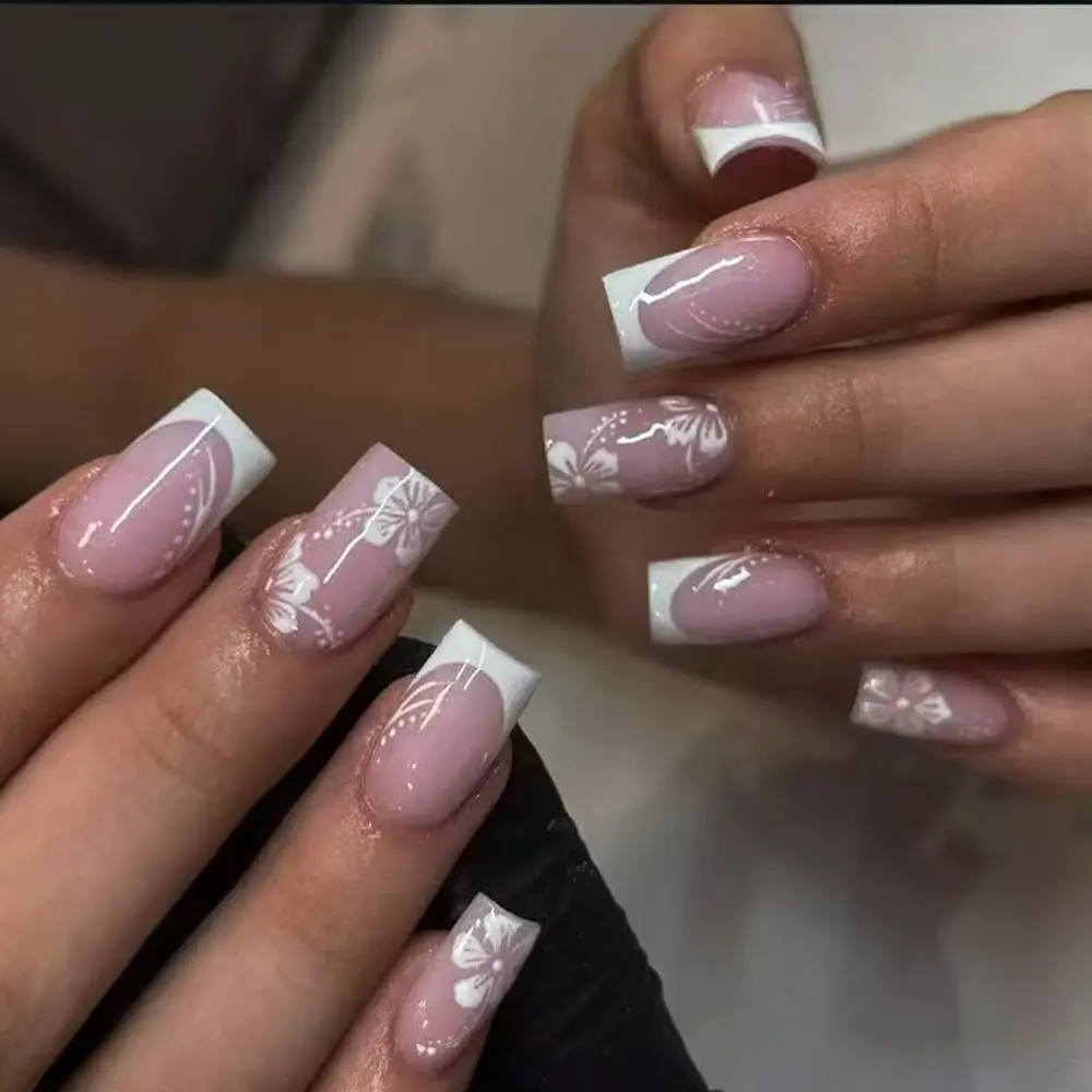 Spring Essential French Floral Print Glossy Nail Polish, French Nail Art, Removable Nails, 24pcs Square Press-On Nails for Women Girls Daily Wear Flower Nails