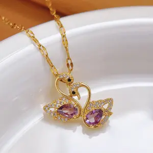 Gold Swan Pendant Necklace Purple CZ Swan Charm Necklace Love Couple Jewelry Gift for Women