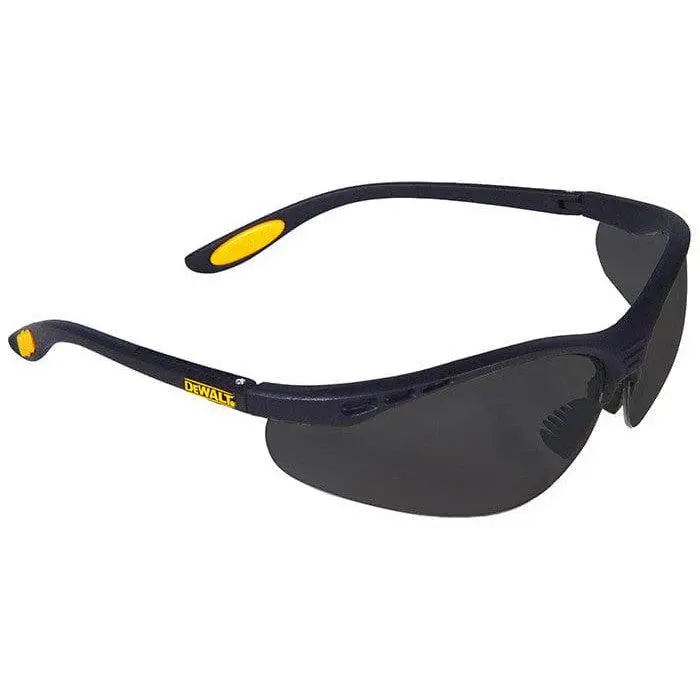 DeWalt Reinforcer Protective Safety Glasses, Smoke Polycarbonate Distortion-Free Lens, ANSI Z87.1-2010 Certified, Sun Protection, Rubber Frame, Ergonomically-Positioned Handgrip, 1 Size, Fatigue-Free Use, Eye-Friendly, Non-Slip, Protective Eye Protection,