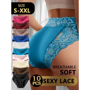 QUASTI Women's Seamless No-Show Underwear 10-Pack, High Waisted Soft Mix Colors Panties, Breathable Cheeky Lace Briefs, S-XXL